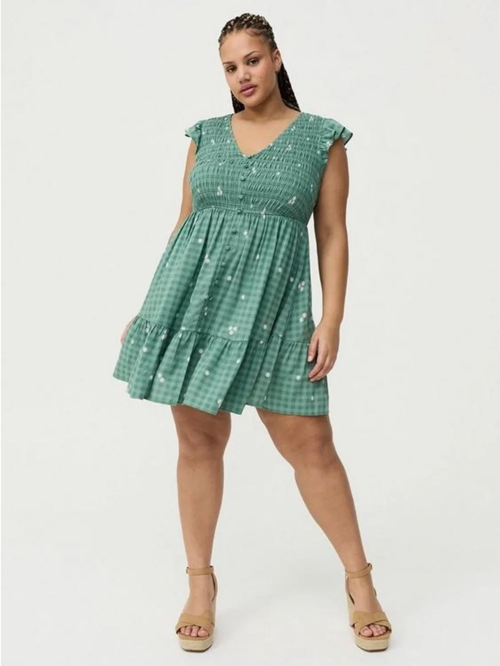 TORRID Smocked Bodice Mini Dress - - Good Day Daisies Green - Picture 3 of 6